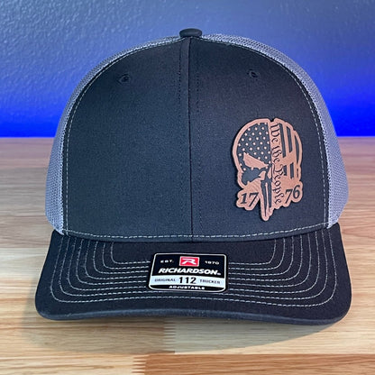 We The People Punisher Skull 1776 2A 2nd Amendment Flag Leather Patch Hat Black/Charcoal Patch Hat