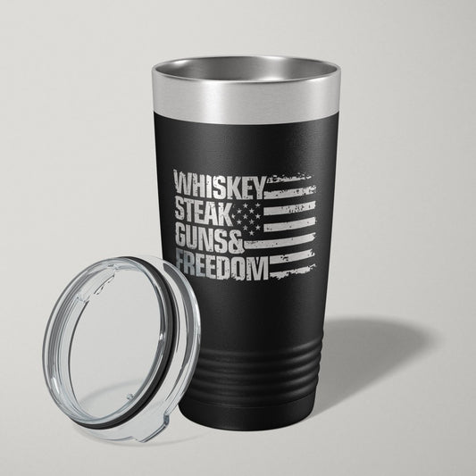 Whiskey Steak Guns And Freedom Flag 20oz Laser Engraved Tumbler Travel Mug Tumblers