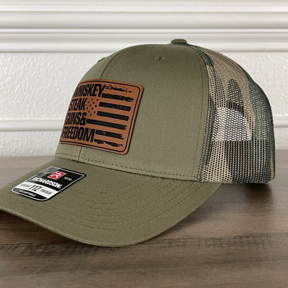 Whiskey Steak Guns & Freedom American Flag Patriotic 2A Leather Patch Hat Green/Camo Patch Hat - VividEditions