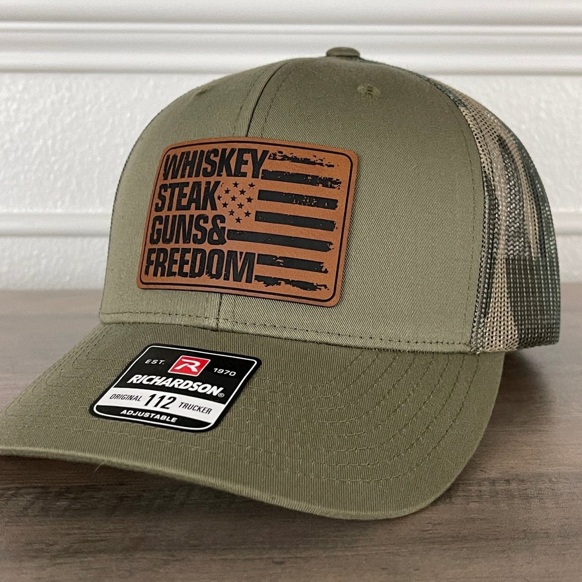 Whiskey Steak Guns & Freedom American Flag Patriotic 2A Leather Patch Hat Green/Camo Patch Hat - VividEditions