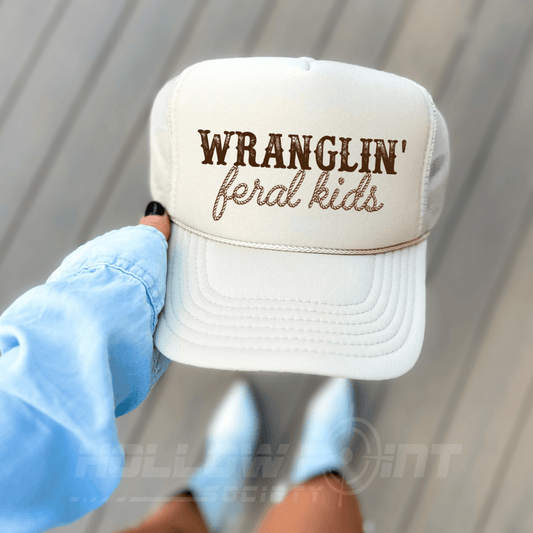 Wranglin' Feral Kids Funny Mom Classic Foam Trucker Hat Khaki Trucker Hat