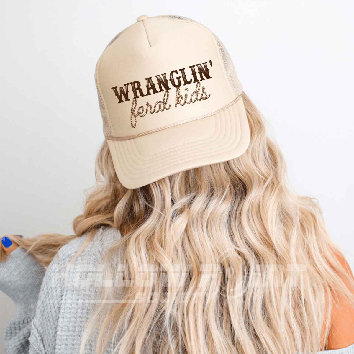 Wranglin' Feral Kids Funny Mom Classic Foam Trucker Hat Khaki Trucker Hat