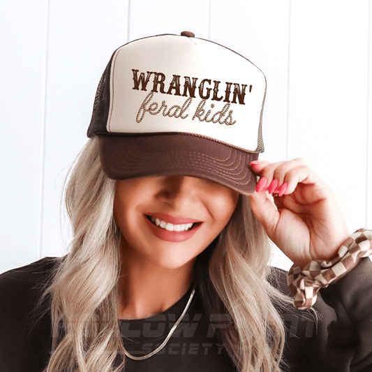 Wranglin' Feral Kids Funny Mom Classic Foam Trucker Hat Tan/Brown Trucker Hat