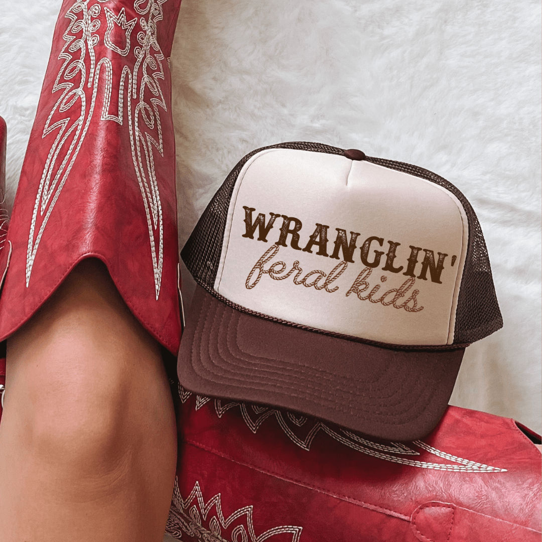 Wranglin' Feral Kids Funny Mom Classic Foam Trucker Hat Tan/Brown Trucker Hat