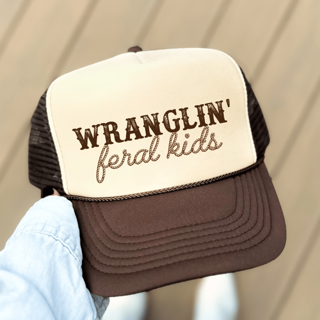 Wranglin' Feral Kids Funny Mom Classic Foam Trucker Hat Tan/Brown Trucker Hat