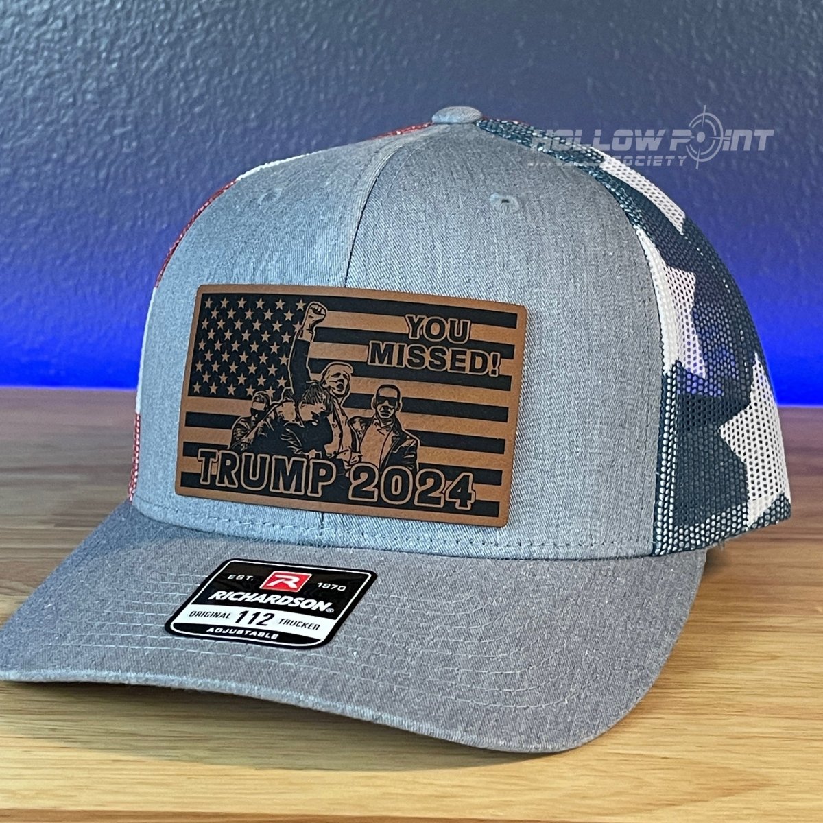 YOU MISSED Trump 2024 Flag Leather Patch SnapBack Trucker Hat Stars & Stripes Patch Hat