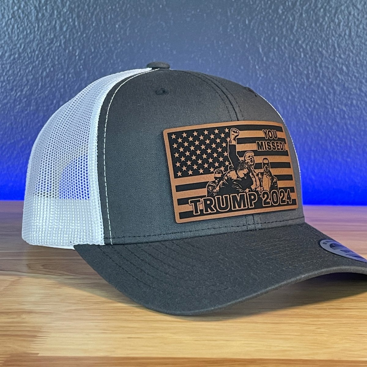 You Missed Trump 2024 Flag SnapBack Trucker Rawhide Leather Patch Hat Charcoal/White Patch Hat