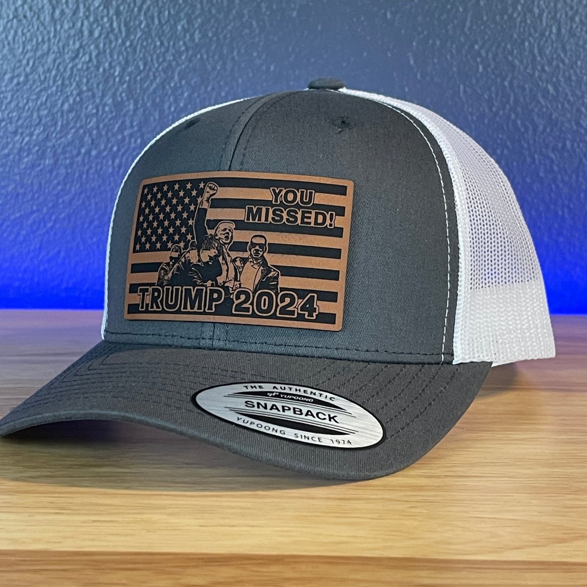 You Missed Trump 2024 Flag SnapBack Trucker Rawhide Leather Patch Hat Charcoal/White Patch Hat