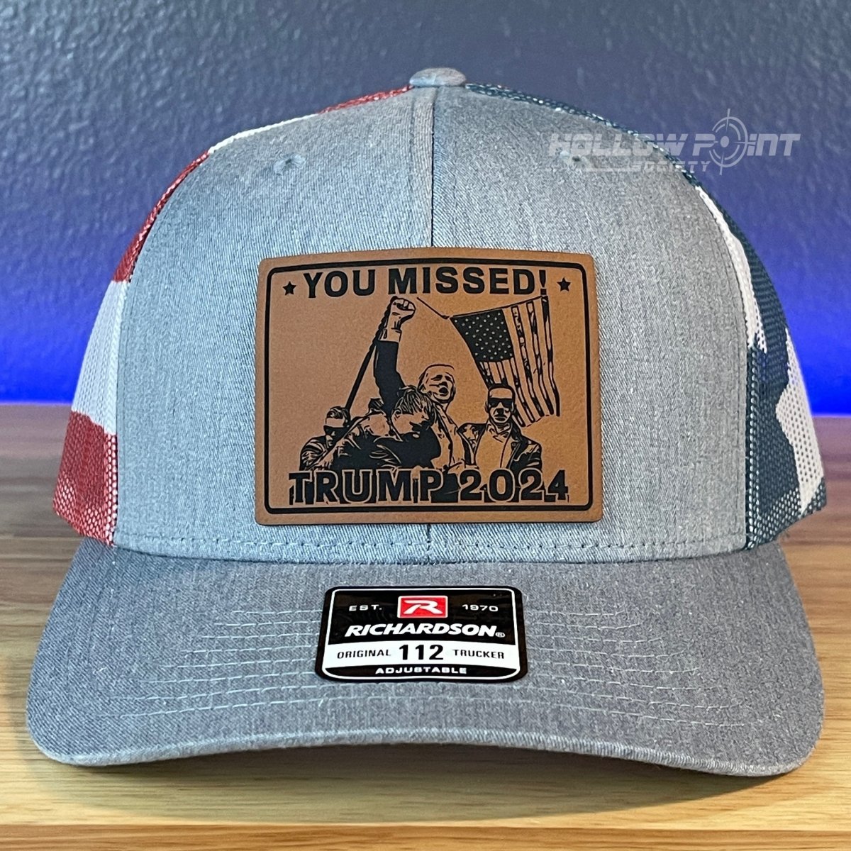 YOU MISSED Trump 2024 Leather Patch SnapBack Trucker Hat Stars & Stripes Patch Hat